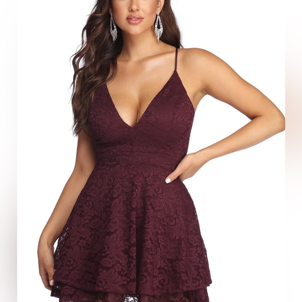 Honey and Rosie Junior’s S Lace Appeal Layered Skate Dress Burgundy